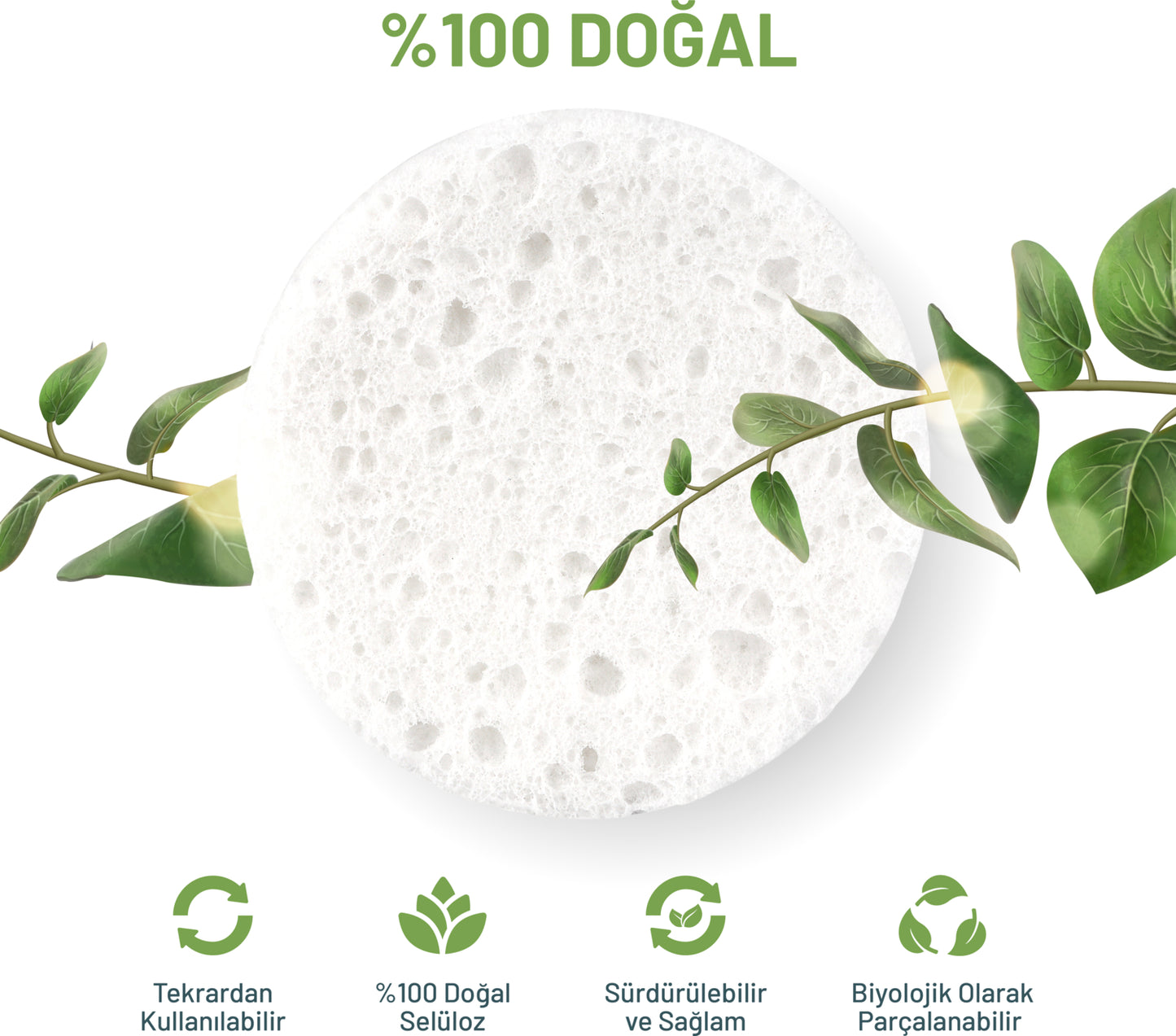 Sıkıştırılmış Yüz Temizleme Süngeri, Doğal Selüloz, Kozmetik Spa Süngeri, 50 Adet, Velauty