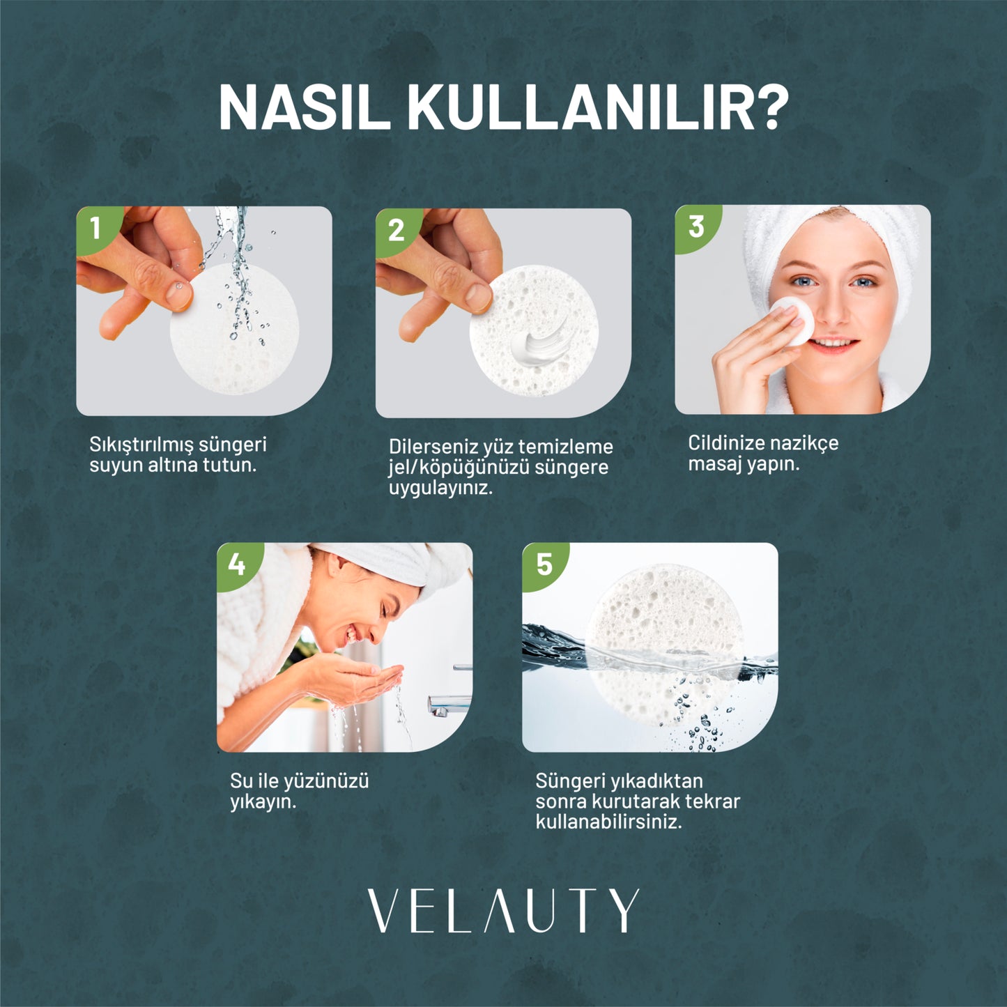 Sıkıştırılmış Yüz Temizleme Süngeri, Doğal Selüloz, Kozmetik Spa Süngeri, 50 Adet, Velauty