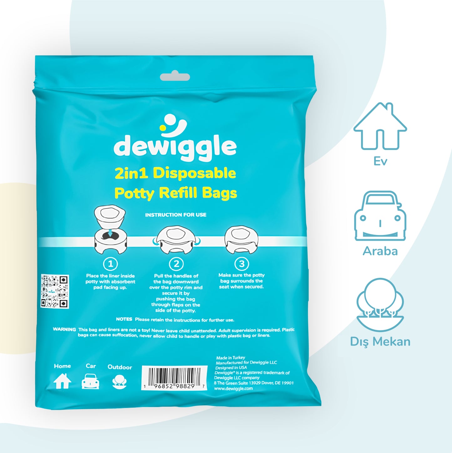 Lazımlık Poşeti, 300 ml Su Emici Pedli Hijyen Poşetleri, Seyahat, Dewiggle