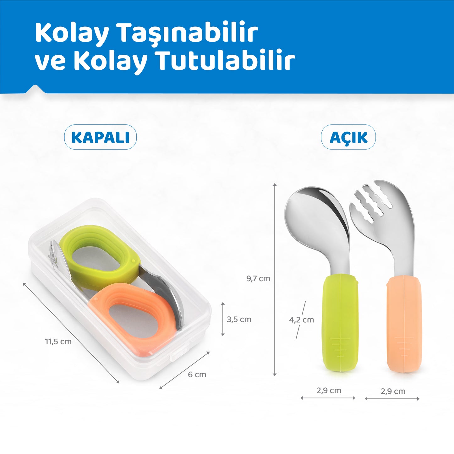 Bebek Çatal Kaşık Seti, Egik, 304 Paslanmaz Çelik, Silikon Saplı, Guqqo