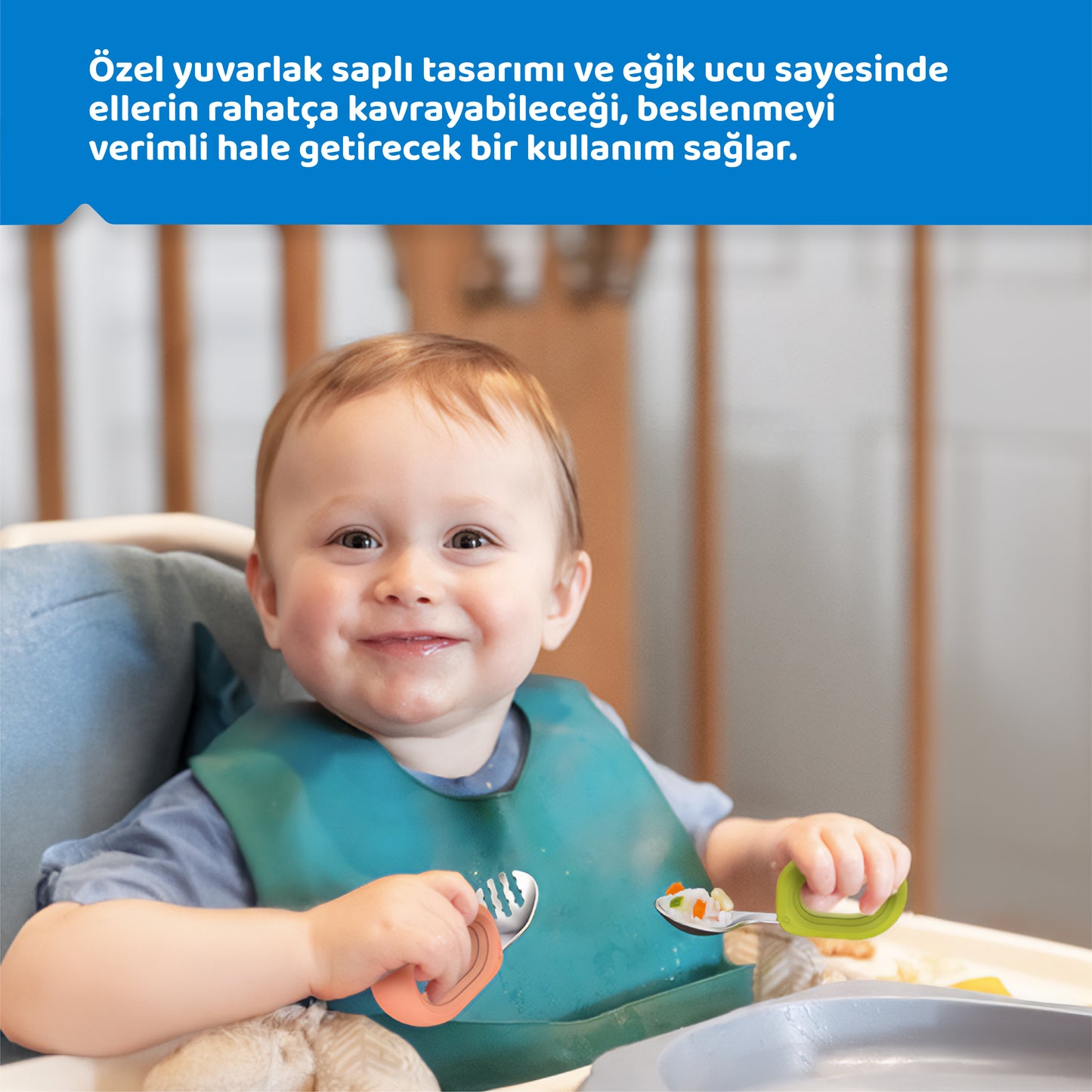 Bebek Çatal Kaşık Seti, Egik, 304 Paslanmaz Çelik, Silikon Saplı, Guqqo