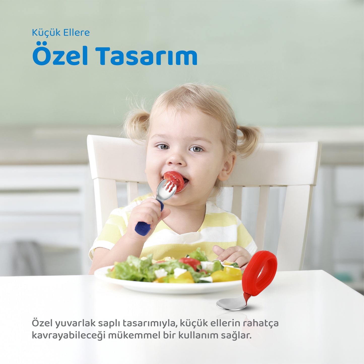 Bebek Çatal Kaşık Seti, 304 Paslanmaz Çelik, Silikon Saplı, Guqqo