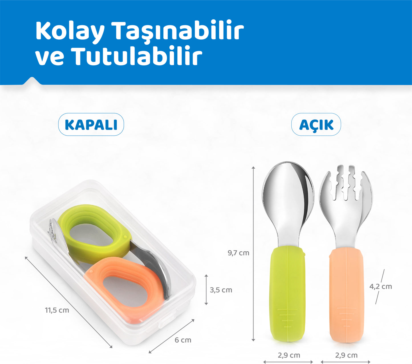 Bebek Çatal Kaşık Seti, 304 Paslanmaz Çelik, Silikon Saplı, Guqqo