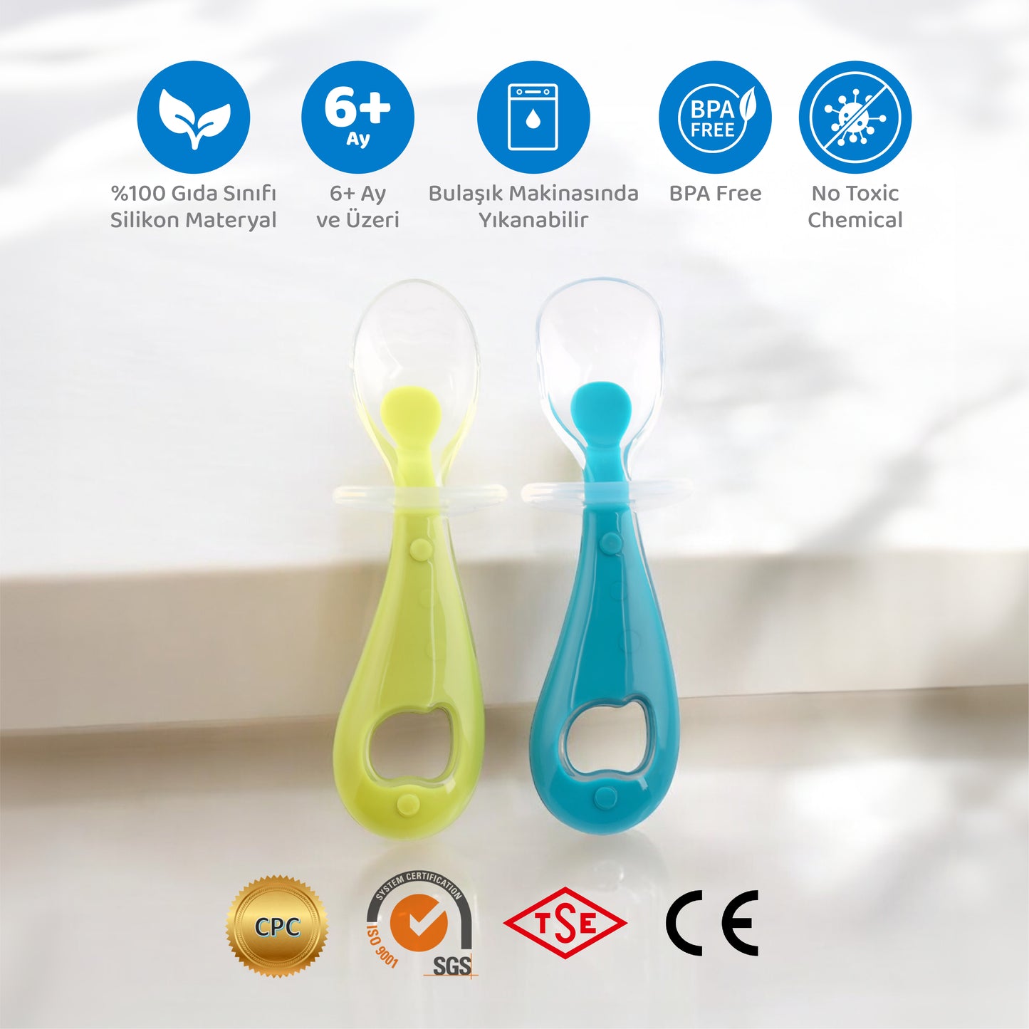 Silikon Bebek Mama Kaşık Seti, Diş Kaşıyıcı, 2 Li Set, Guqqo